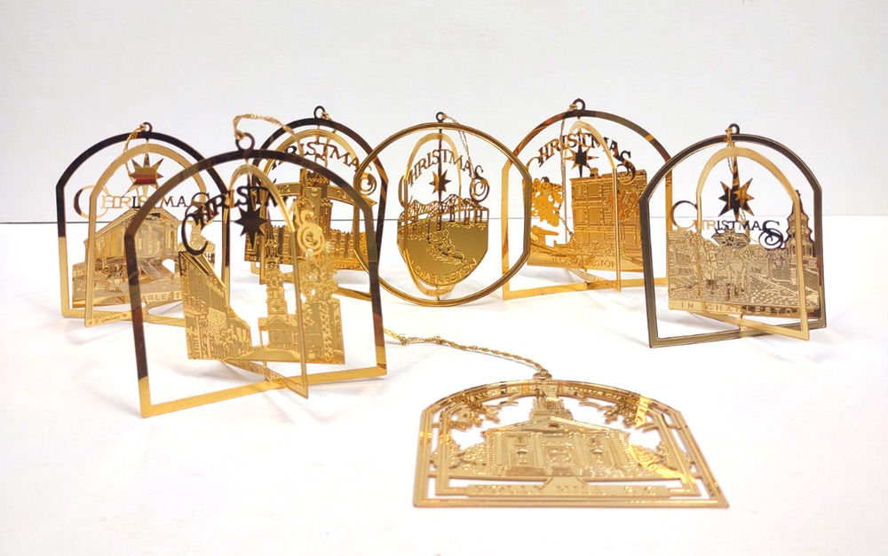 Lot of 6 VTG CHARLESTON SC Novelty 24K Gold Plate Flat Christmas Ornaments 90s